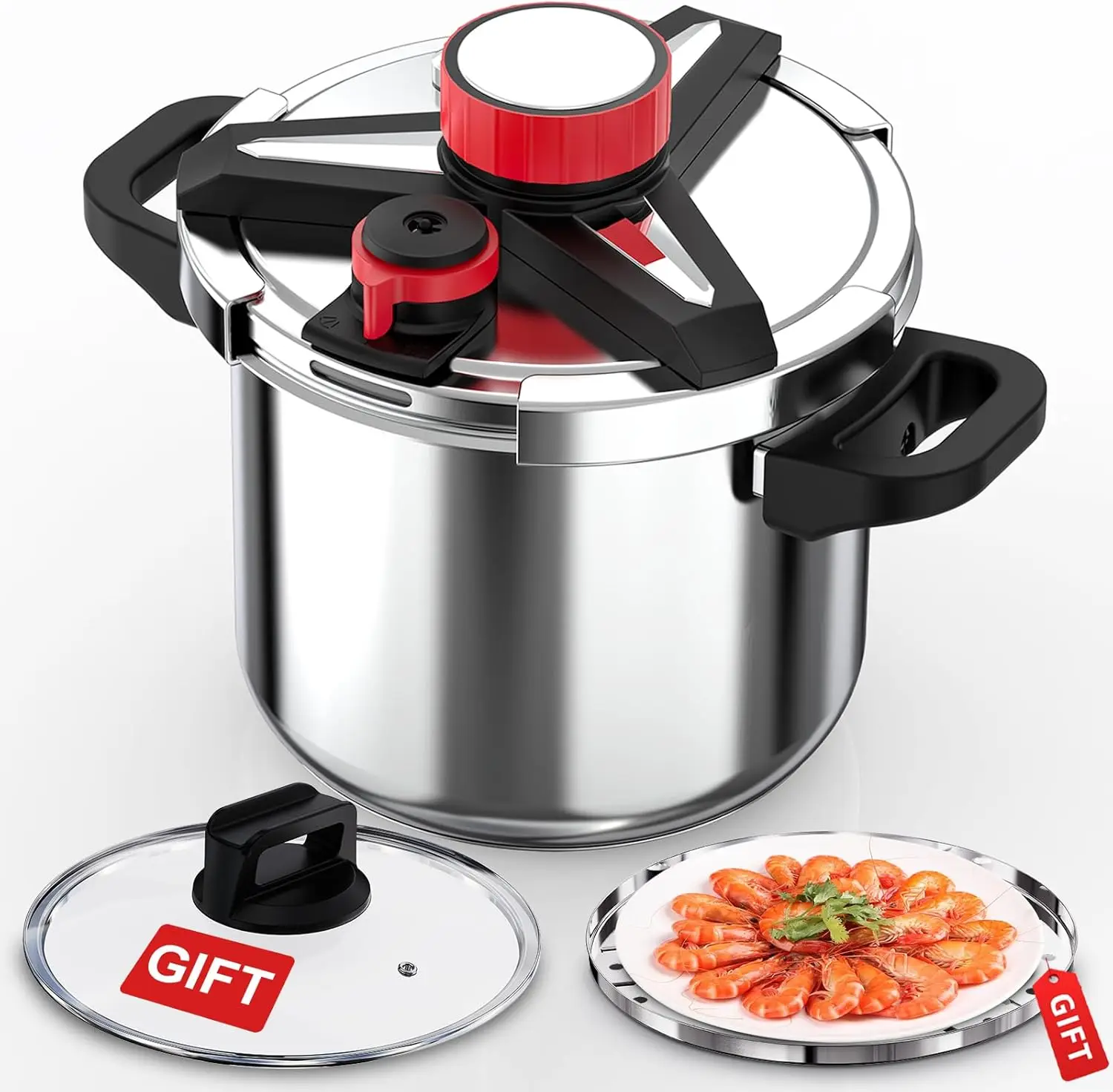 

8 Qt Stainless Steel Pressure Cooker, One-Hand Lock, Induction Ready, 3-in-1 with Glass Lid & Steamer Rack