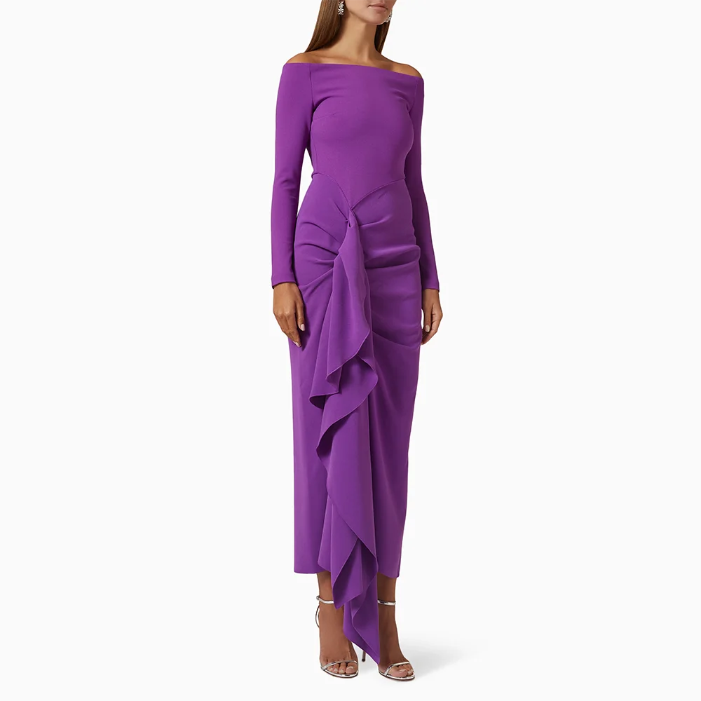 فستان سهرة برتقالي مخصص بدون أكتاف ورقبة قارب غمد لحفلات الكوكتيل وأكمام طويلة من الجيرسيه فساتين حفلة موسيقية ميدي #4