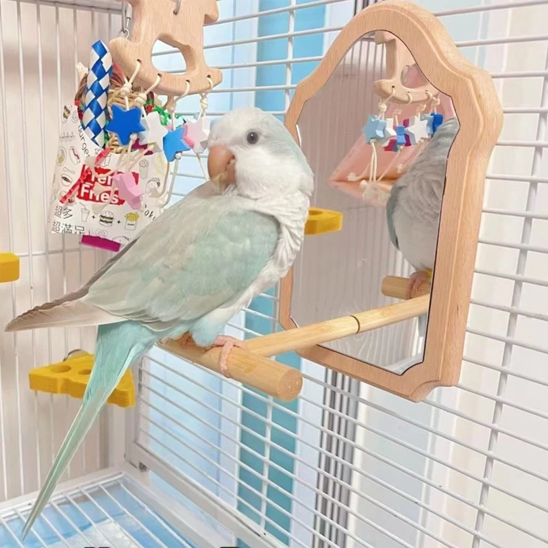 Bird Mirror with Wooden Perch Vintage Cage Accessory for All Small To Medium Birds Interactive Play and Self-Exploration Toy