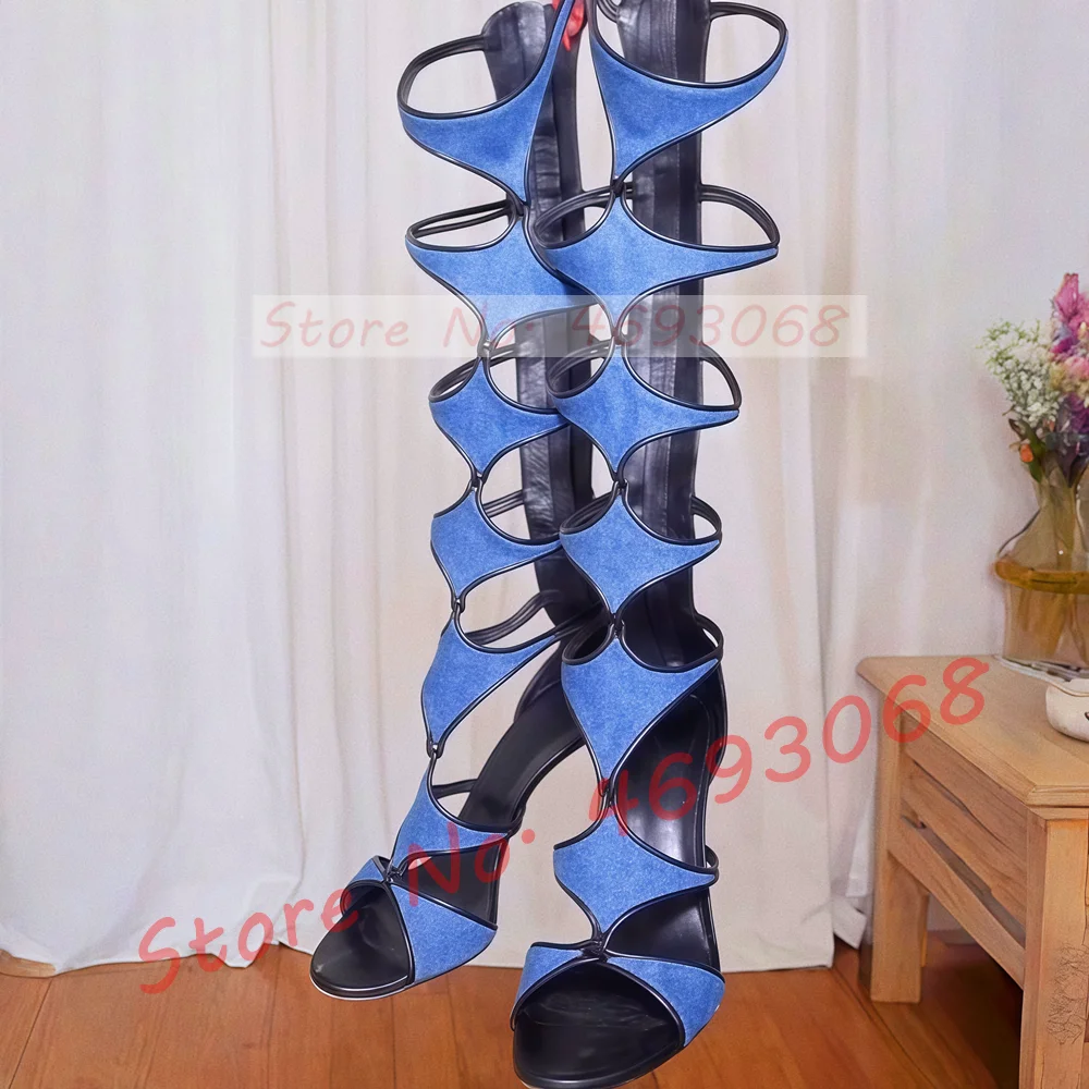 Blue Suede Gladiator Sandals Women Sexy Open Toe Cut Out Tall Shoes Ladies Classy Puttee T Strap High Heels Back Zipper Sandals
