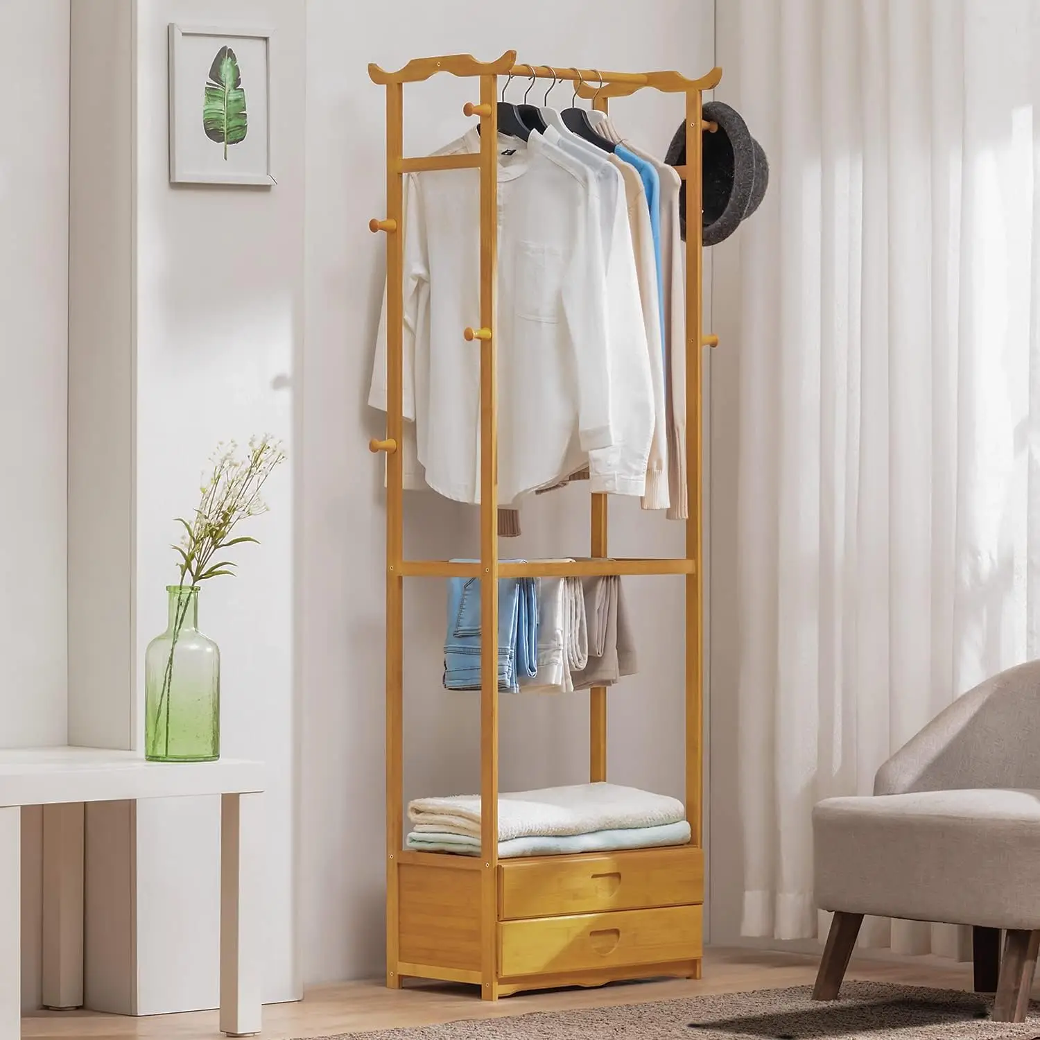 

Bamboo Garment Rack with Drawers and Hooks, Freestanding Clothes Racks Storage Shelving Organizer Unit for Bedroom Laundry