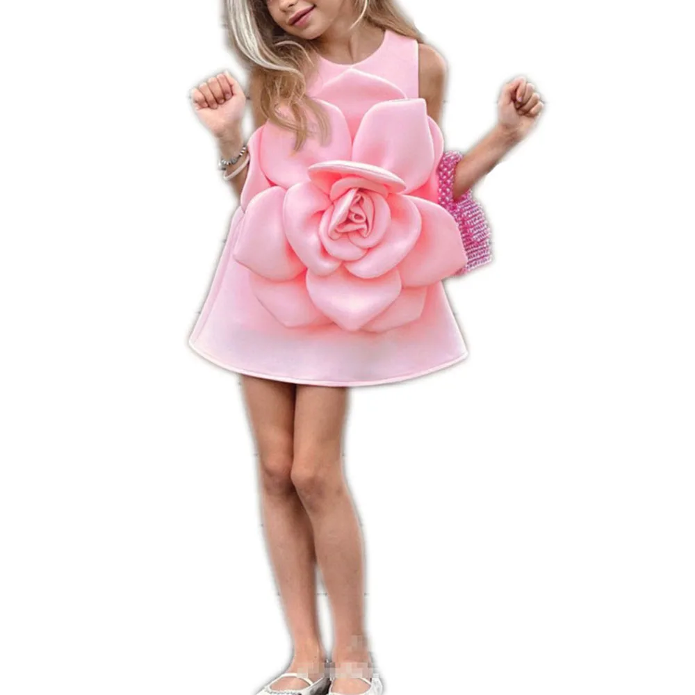 Boutique Kids Princess Dress 3-D Rose A-line Knee Length Dress Solid Pink Flower Girls Birthday Wedding Tea Party Vintage Wear