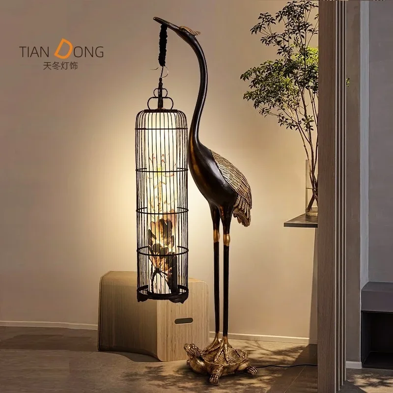 

floor lamp, antique crane lantern, Zen Chinese style living room, sofa, vertical ornaments, wrought iron birdlantern lamp