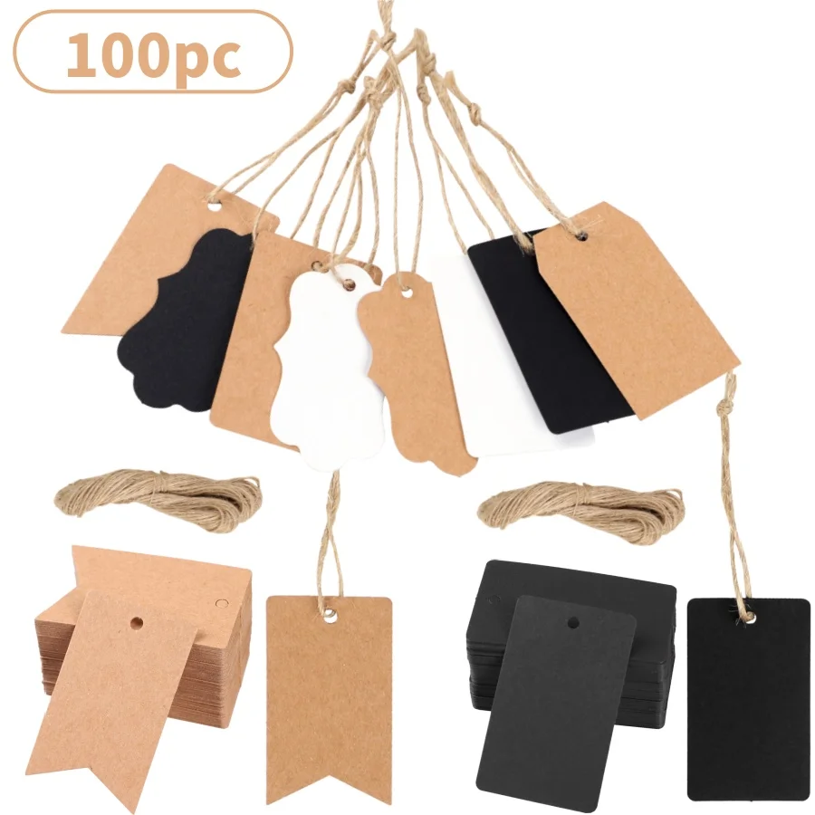 

100pcs Kraft Paper Blank Tags With String Gift Packaging Card Labels Price Tag Wedding Holiday Decor White Black Brown DIY Craft