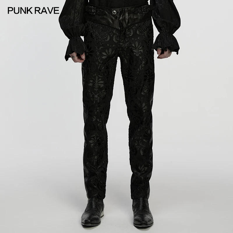 

PUNK RAVE Men's Gothic Retro Palace Embroidered Pants Noble Texture Adjustable Waist Strap Handsome Style Party Dark Trousers