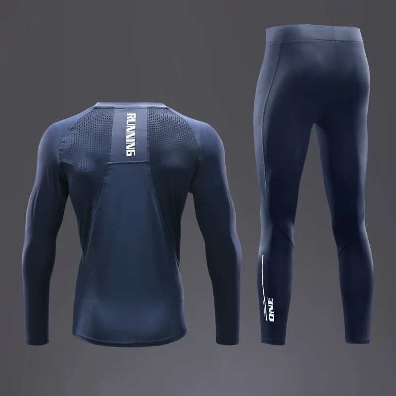 Men Quick Dry Compression Tracksuit Mesh Back Long Sleeve Top High Elastic Tight Pants Gym Running Fitness Training Sport Suit view 3