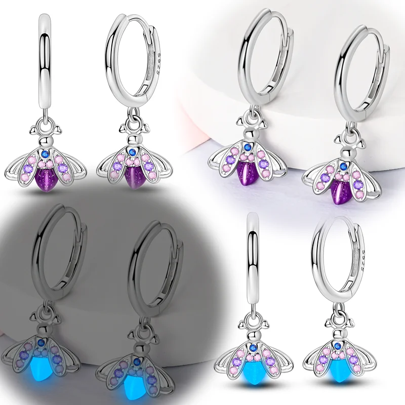 

925 Sterling Silver Earrings Women Pink Purple Glow-in-the-Dark Firefly Drop Earring For Anniversary Wedding Jewelry Gifts