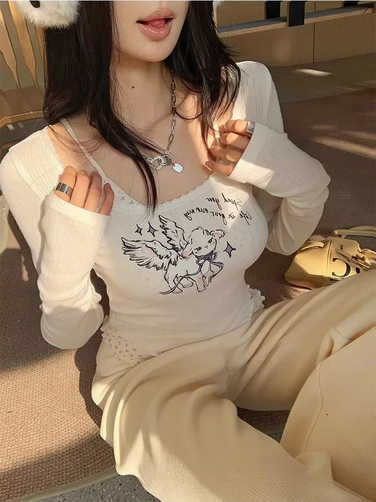 Deeptown Kawaii Cartoon Print T Shirts Women Coquette Aesthetic Lace Fake Two Piece Tees Sweet Cute Graphic Long Sleeve Tops