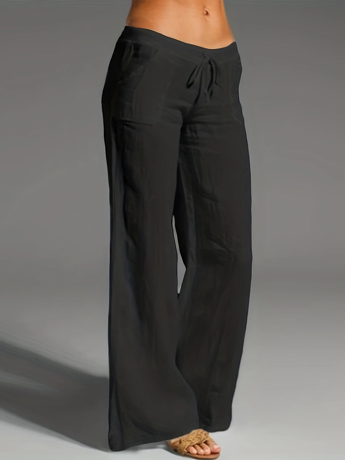 Plus Size Solid Drawstring Wide Leg Pant Casual High Waist Pants For Spring Summer Women\'s Plus Size Clothing