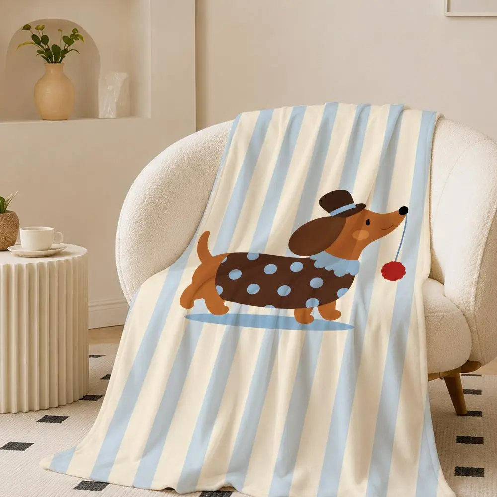 Sausage Dog Playful Retro Style Throw Lightweight 240g Flannel Blanket Soft Skin-friendly for Summer Cooling