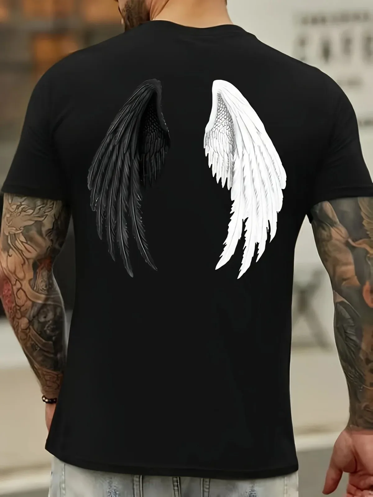 

Men's quick drying comfortable casual round neck T-shirt black Ans white angel wing pattern outdoor trendy high street top