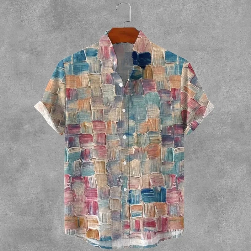 قمم الرجال خمر تصميم هندسي مربع الفن طباعة عارضة قميص أزياء عطلة قصيرة الأكمام واحدة الثدي المتضخم الستر