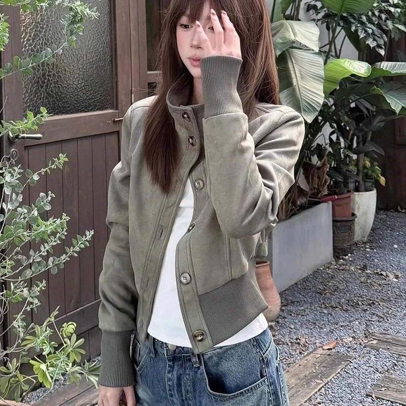 American Vintage Street Jacke für Damen, schmal, lässig, klassisch, Basic-Mantel, langärmelig, Stehkragen, einreihig, abgeschnittene Oberbekleidung