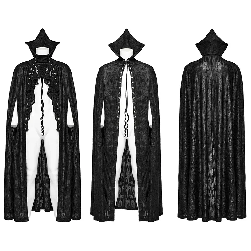 PUNK RAVE Men\'s Gothic Double Breasted Bat Collar Cloak Distressed Textured Party Autumn Detachable Front Ruffle Mens Big Coat