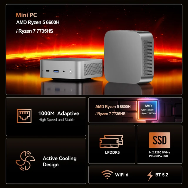 SZBOX M66 M77 Gaming Mini PC Ryzen 5 6600H Ryzen 7 7735HS LPDDR5 NVMe SSD 2.5G LAN WiFi 6 BT5.2 USB C 4K 2