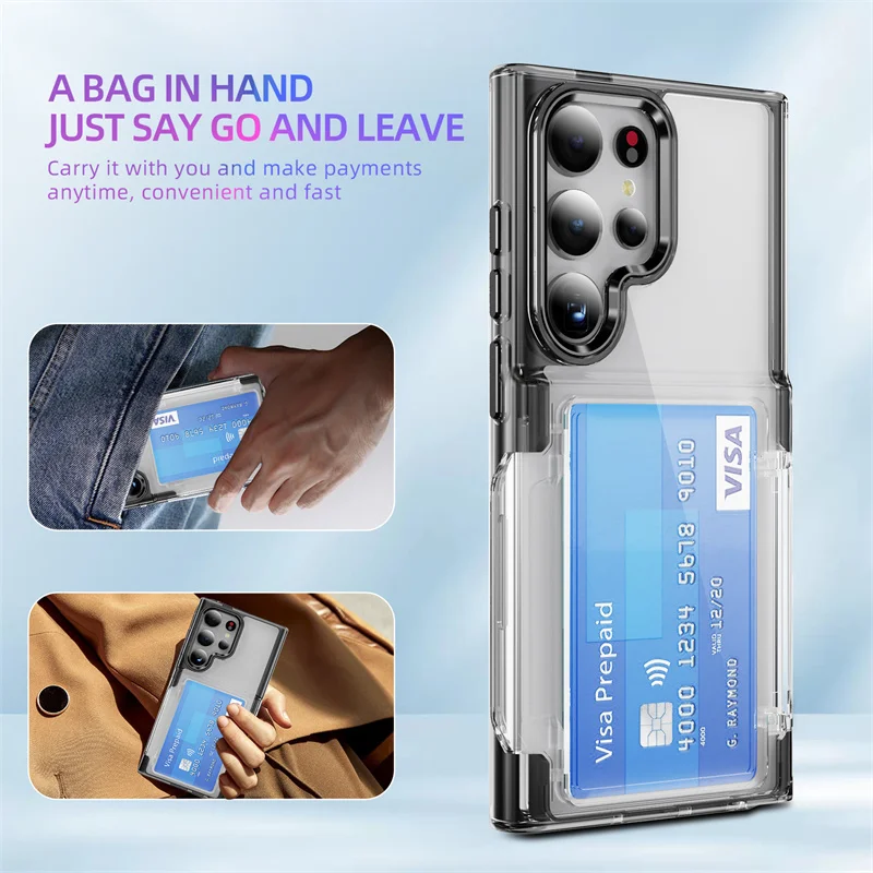 For Samsung Galaxy S24 S23 S22 Ultra Plus Flip Cards Holder Wallet Phone Case Transparent Bracket Shockproof Protection Cases