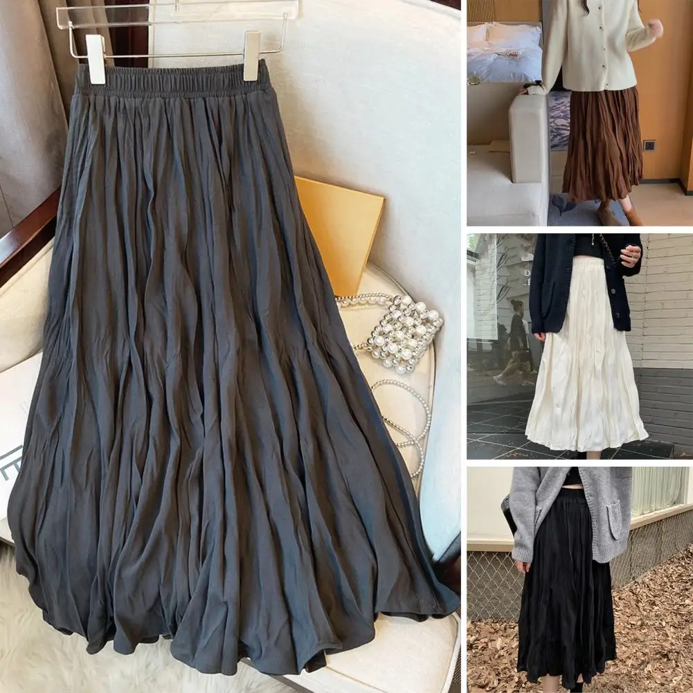 Pleated Midi Skirt Elegant High Waist Pleated Skirt for Women Breathable A-line Streetwear with Hem Solid Color Summer Fashion