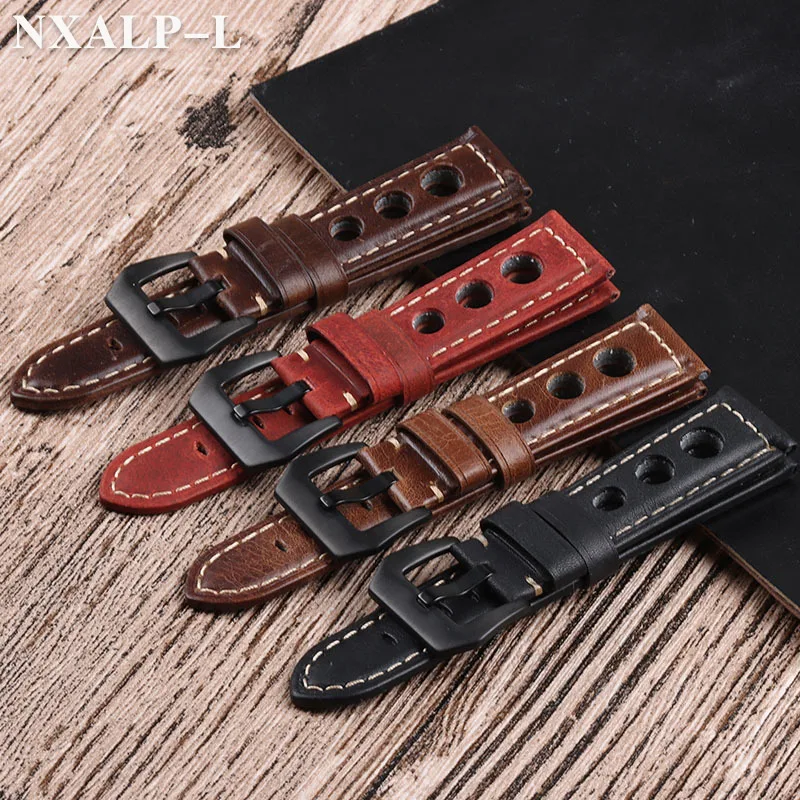 Vintage Oil Wax Cowhide Watch Strap Brown 20mm 22mm 24mm Breathable Genuine Leather Watchbands Pin Buckle Band Unisex Watchband