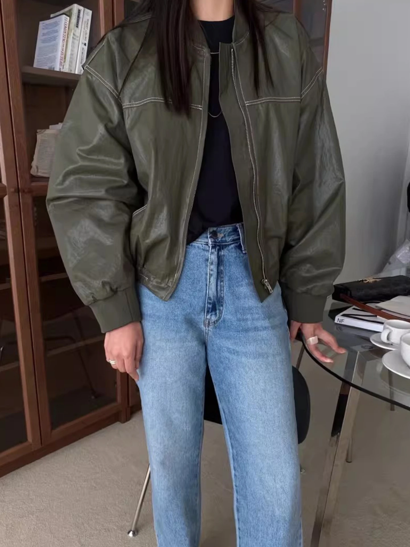 

Куртка из искусственной кожи в стиле ретро с длинными рукавами, женская куртка свободного кроя с воротником на молнии, новинка ранней весны, универсальный топ