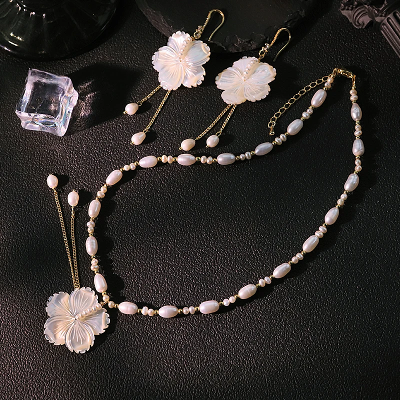 

Натуральный жемчуг, цветок, ракушка, цепочка, ожерелье, серьги, роскошный дизайн, высококачественный комплект для банкета, свадьбы, женские украшения GS0224