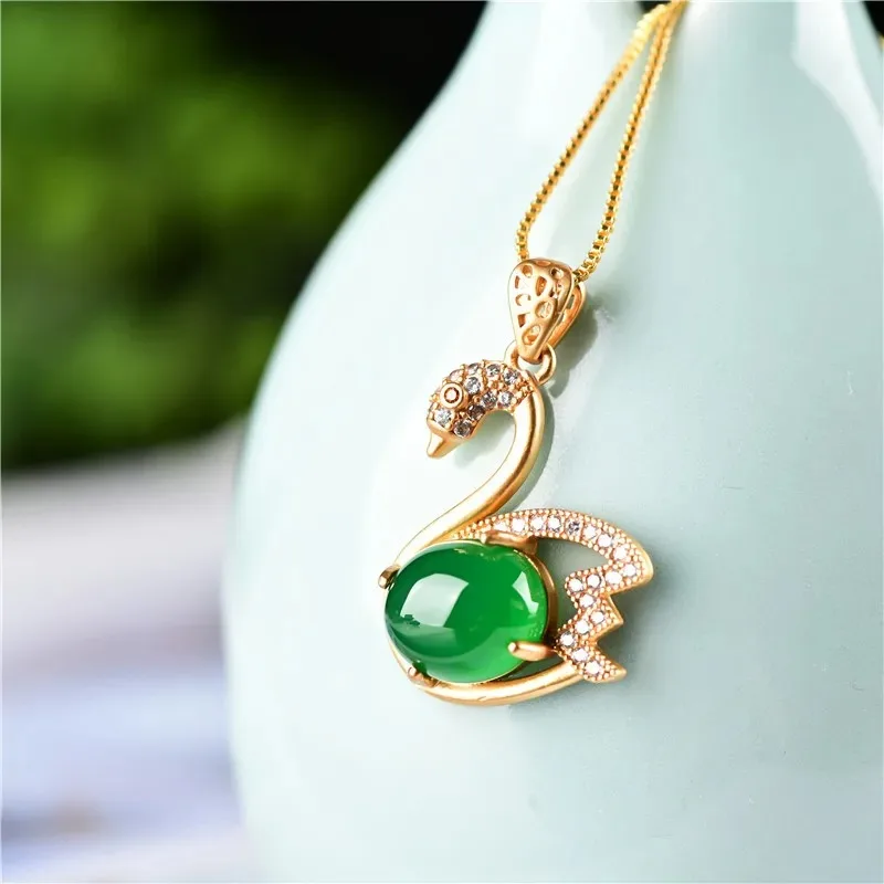 Natural Green Chalcedony Hand-carved Swan Pendant Fashion Boutique Jewelry Men and Women  Necklace  Accessories