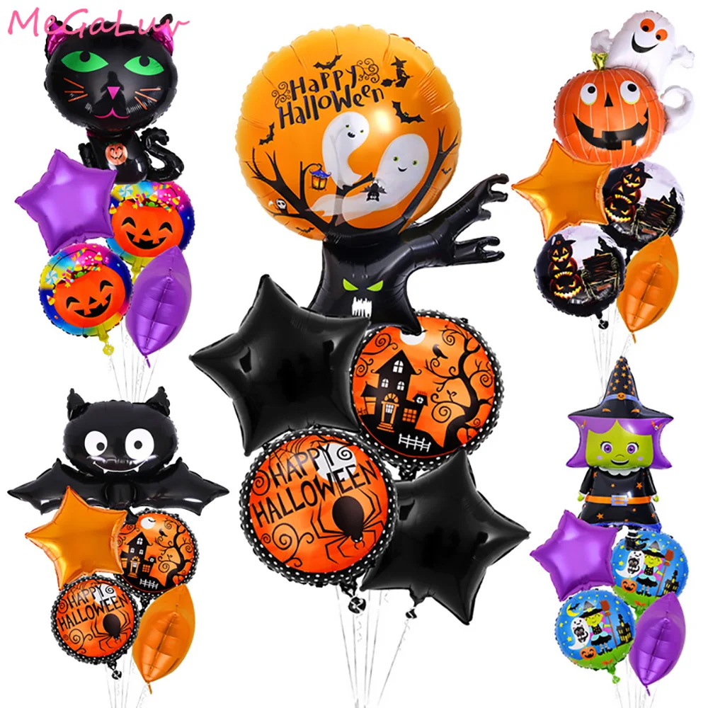 

5Pcs Halloween Pumpkin Ghost Witch Bat Spider Skull Shape Foil Balloons Halloween Party Decoration Kids Toys Party Supplies