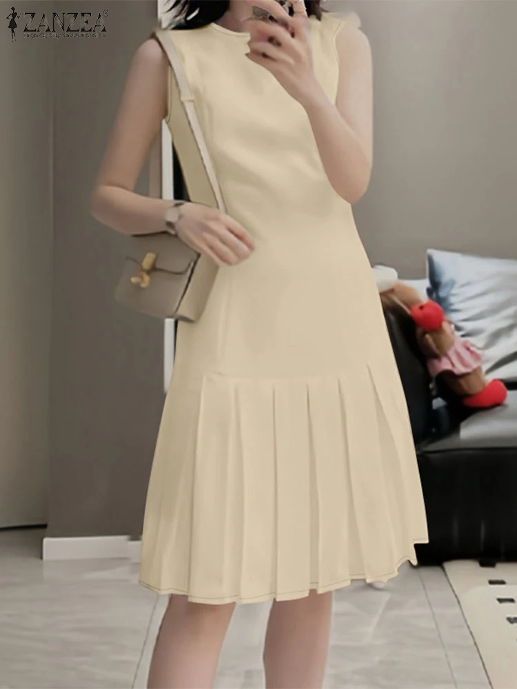 

ZANZEA Elegant Women Pleated Dresses 2025 Summer Fashion O-Neck Sleeveless Robes Femme Office Back-Zipper Knee-Length Vestidos