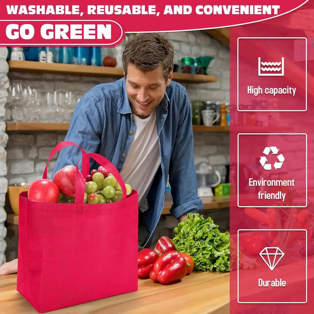 Grandes sacolas não tecidas dobráveis para compras de supermercado, 12,6x11,8x6,3 polegadas, pacote em massa