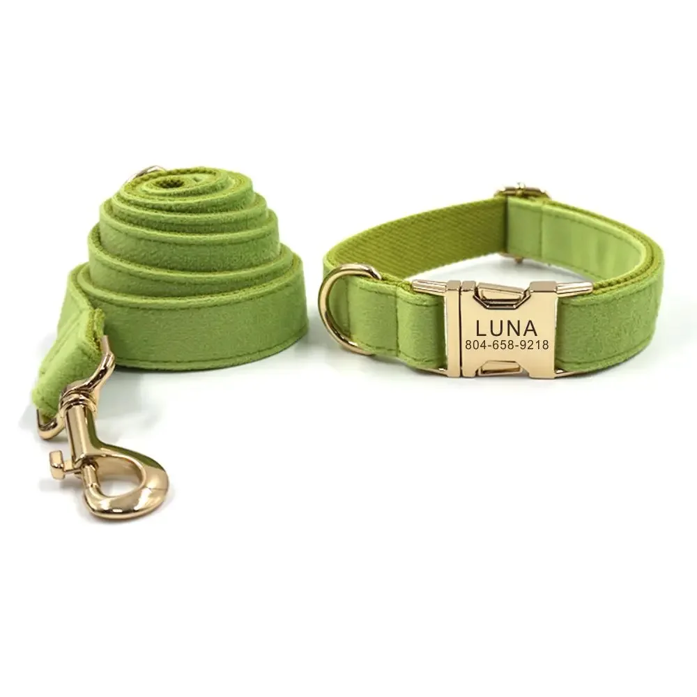 

Personalized Dog Collar with Free Engraving, Matching Pet Leash,Customzied Contacts Metal Buckle,Green Velvet Pet Collars