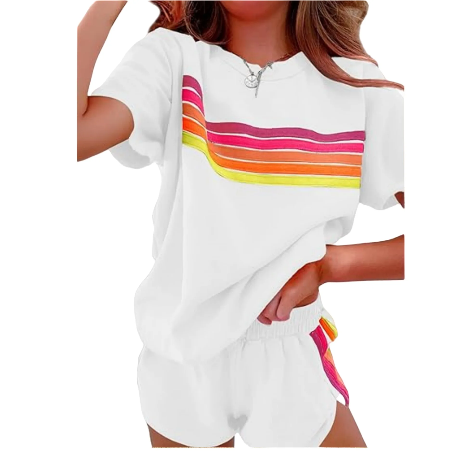 Women Casual Sports Outfits Summer Outdoor Comfortable Cool Shorts Tracksuit 2pcs Set Urban Fashion Stripe Top Suit Streetwear