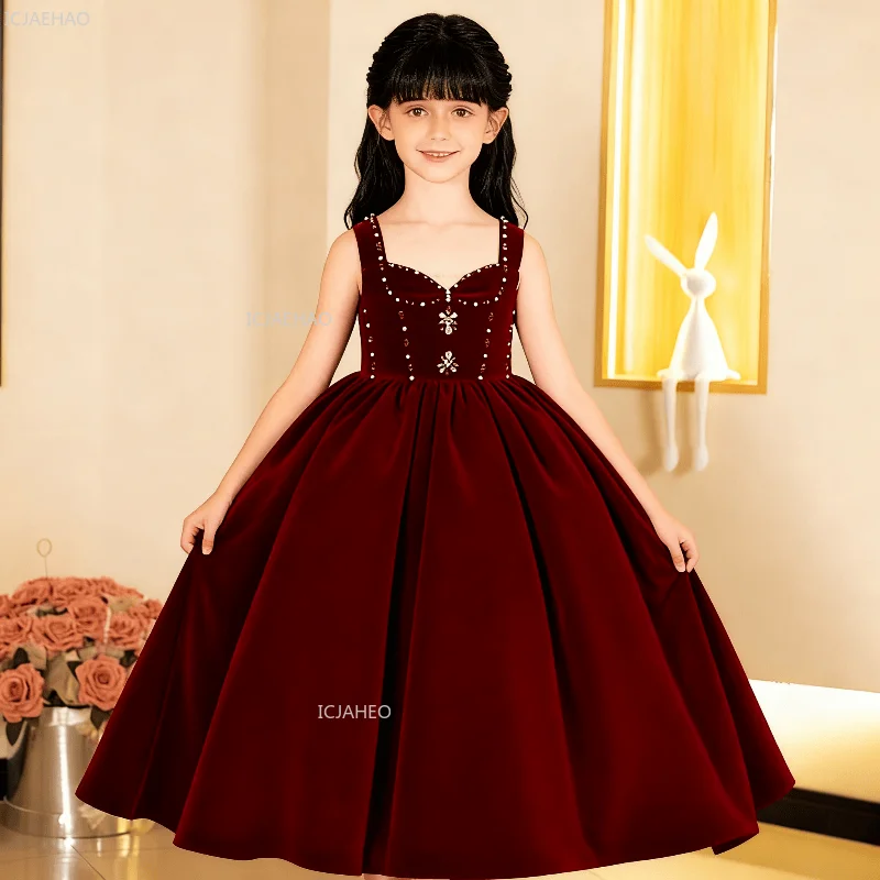 

Children Burgundy Velvet Gown Autumn Winter Princess Dress Formal Evening Party Celebration Dress Kids Piano Host Performance