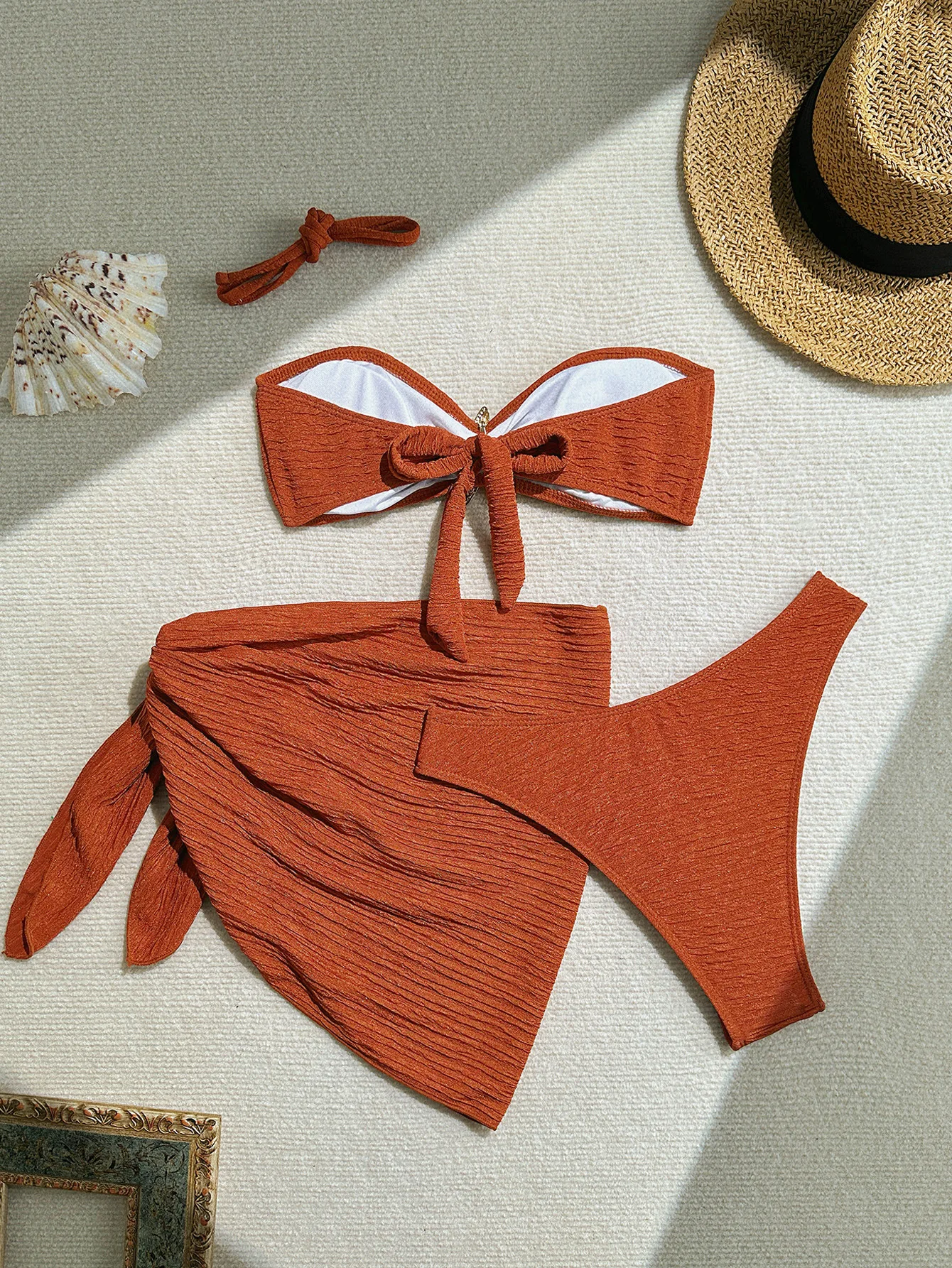 섹시한 비키니와 커버업 여성용 홀터 푸쉬업 3피스 세트 수영복 여름 비치웨어 커버업  thong 수영복 비키니 브라운