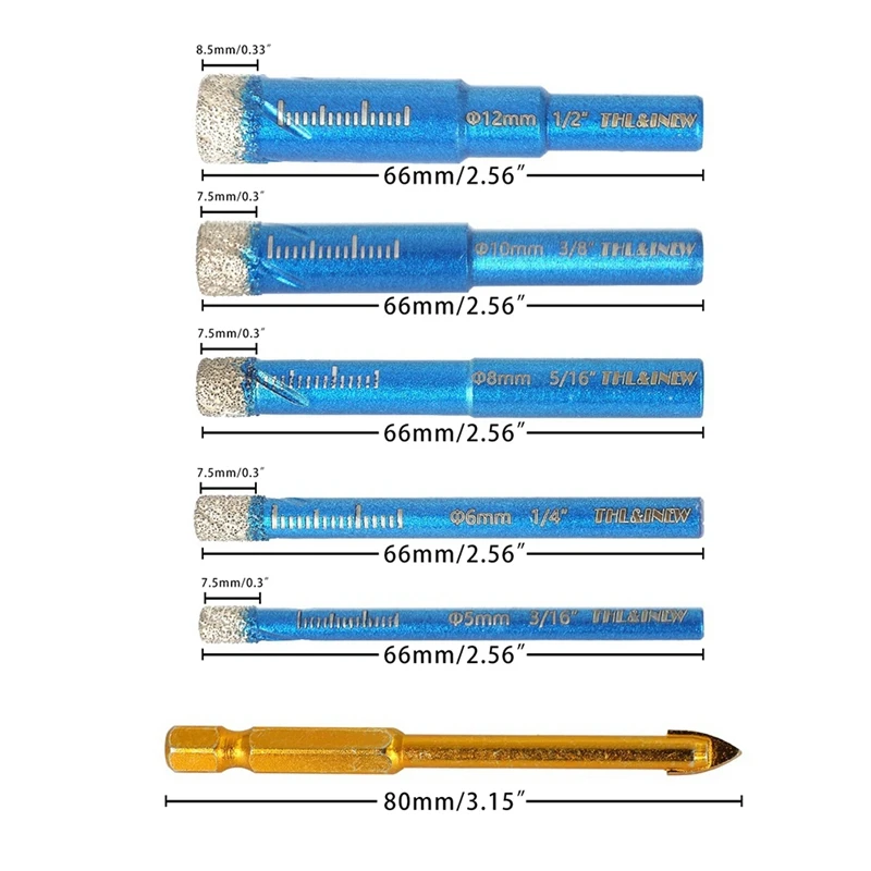 Conjunto de broca de telha, broca de diamante de 6 peças, broca de telha de 5-12 mm, broca de diamante para telhas de porcelana de granito cerâmico