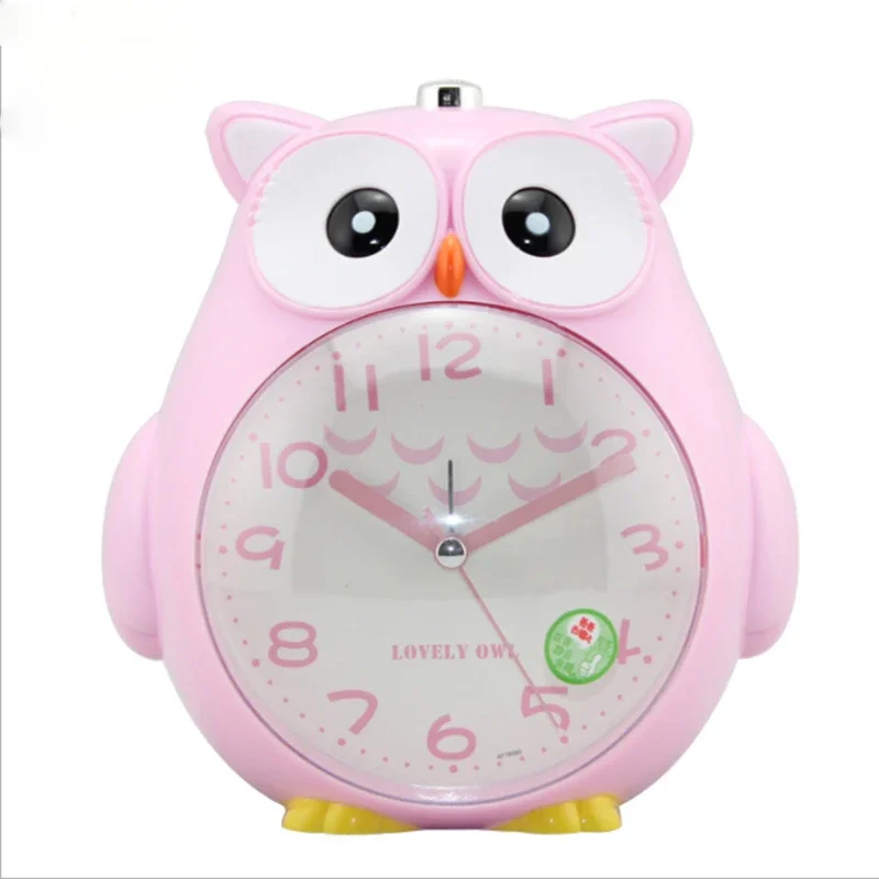 Réveil en métal pour enfants, mignon, dessin animé hibou, réveil, chambre à coucher, horloge de chevet, balayage silencieux, dessin animé brillant, sans batterie