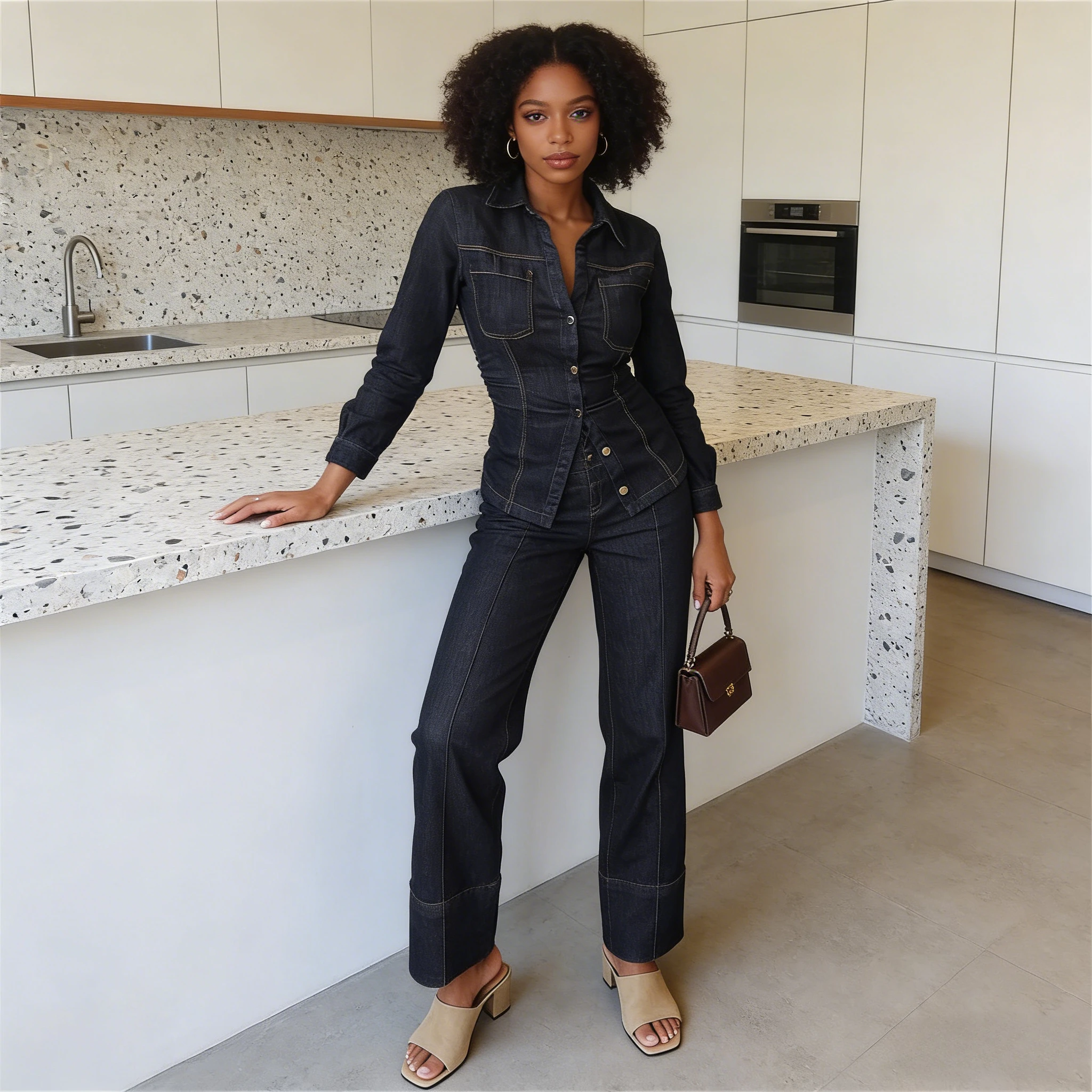 

2026 Two Pieces Women Denim Pant Sets Solid Matching Sets Pocket Button Turn Down Collar Top Zipper Fly Pant Loose Casual Spring