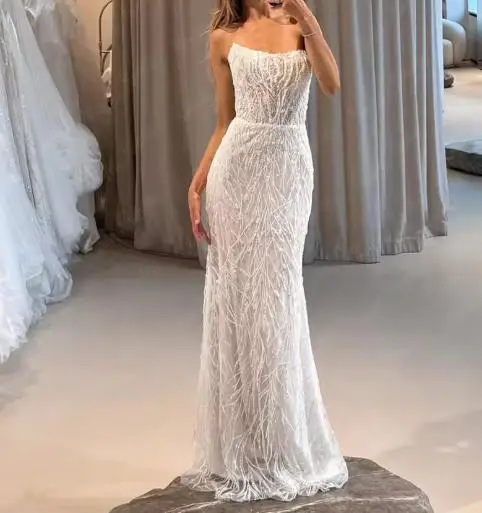 Ranmo 2025 Luxury New Beads Lace Mermaid Wedding Dresses New Strapless White Bridal Gowns Zip Prom Cocktail Dresses Customized
