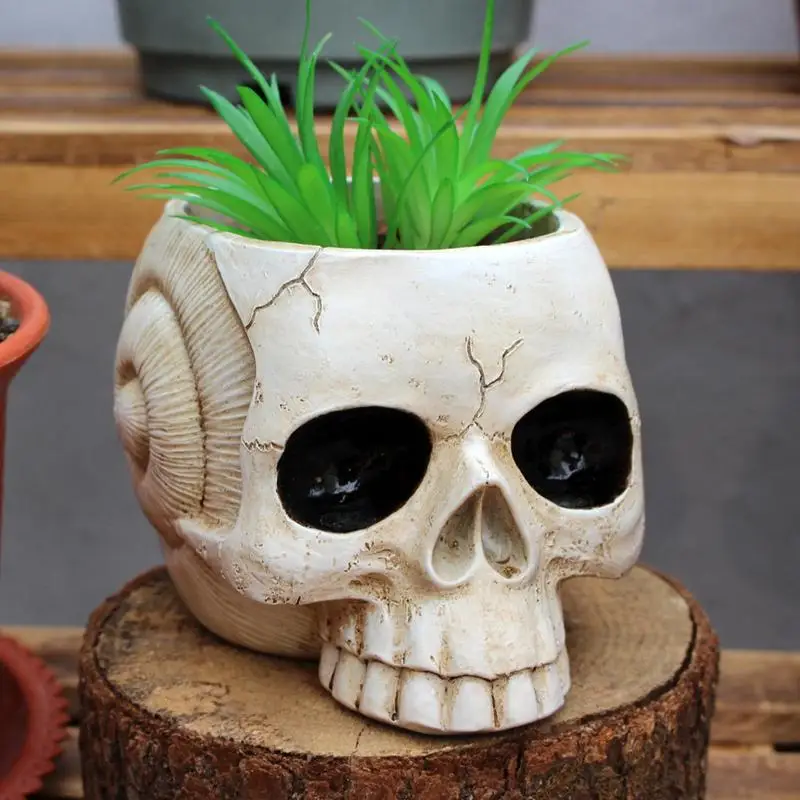 Skull Flower Pot Resin Retro Human Skull Head Flower Pot Planter Easy To Clean Pot Candy Bowl Halloween Decoration For Indoor