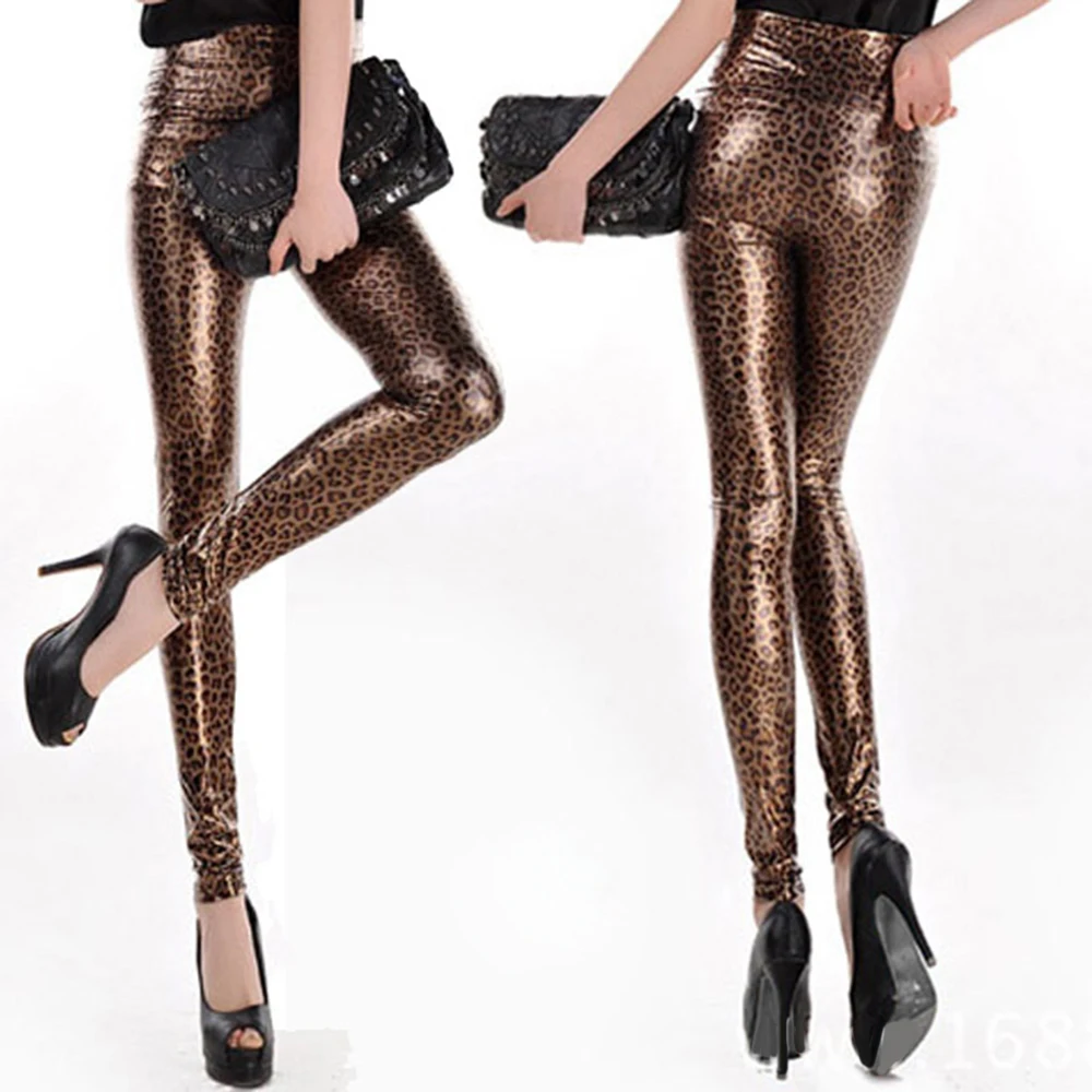 

Women's Slim Fit High Waist Shiny Wet Shiny Print Faux Leather Leggings Leopard/Gold Snake Pattern/Snake Pattern