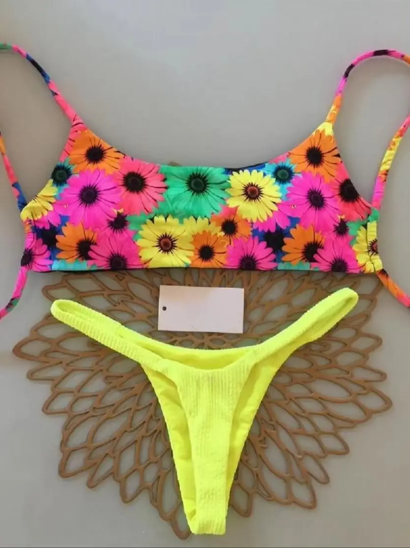 

Flowers Printed Mini Thong High Cut Bikini Female Swimsuit Women Swimwear Two-pieces Bikini set Bather Bathing Suit Swim
