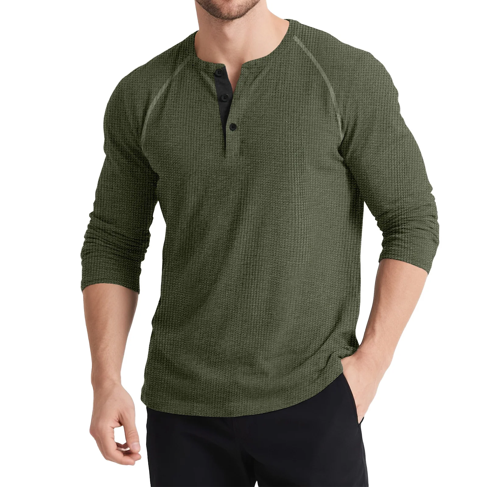 Men's Autumn And Winter Long-sleeved Henry Shirt Men's Retro T-shirt Three-button Color Scheme Knitted Sweater
