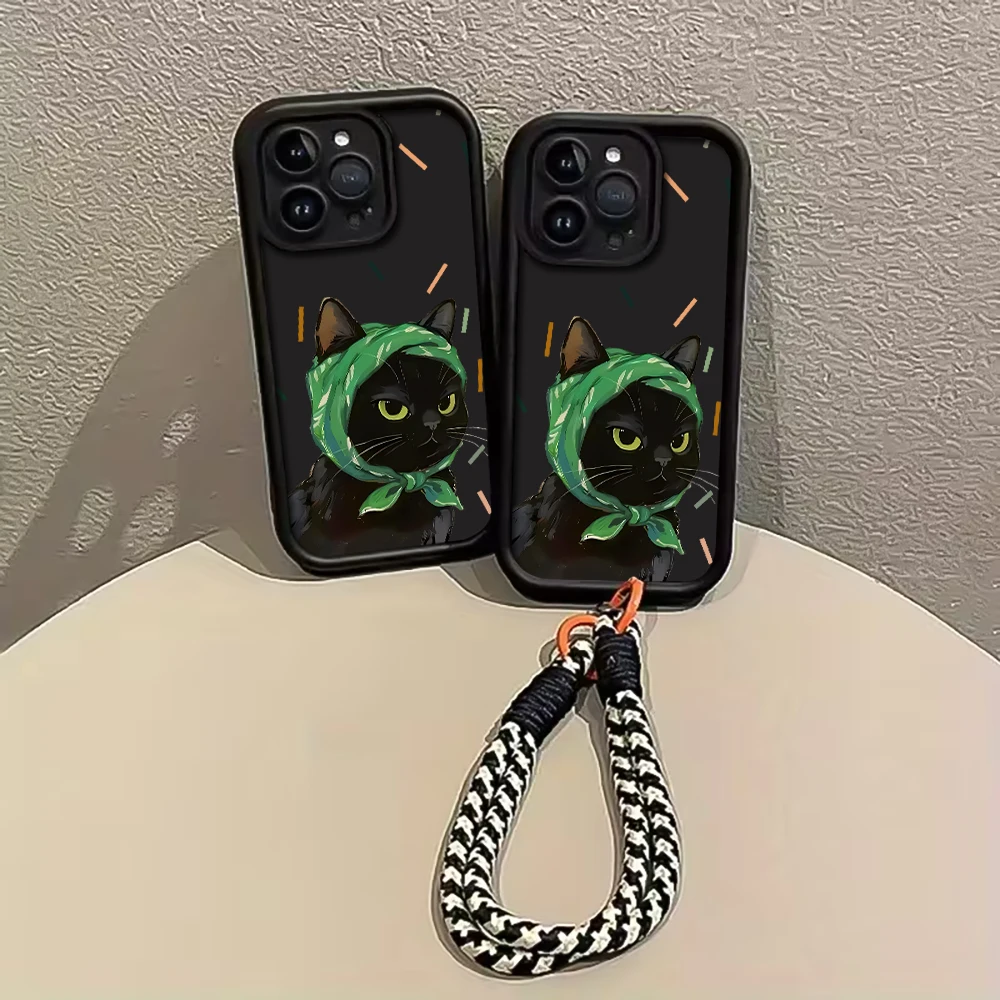 Ölgemälde-Katzen-Handyhülle mit Trageriemen für iPhone 11 12 13 14 15 16 17 Pro Max 15 14 13 Plus 17E Stoßfeste Matte Silikonhülle – Detail 2