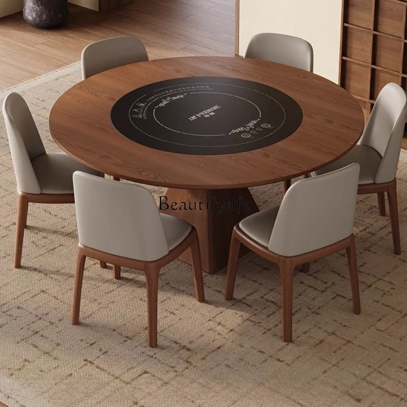 

ld25 Solid Wood Induction Cooker Dining Table Electric Dish Warmer Rotatable Multifunctional White Wax Wood Round Table