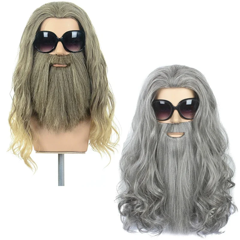 New Halloween Men's Gandalf Thor Cosplay Wig Brown Silver Synthetic Long Curly Hair With Bearded Carnival Party Costume Wig