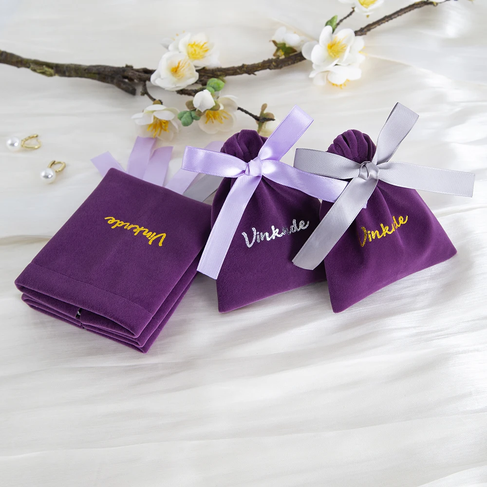 Custom Logo 100Pcs Ribbon Velvet Gift Bag Wedding Favors Jewelry Pouches Earrings Ring Stud Nail Headset Headset Pocket Storage