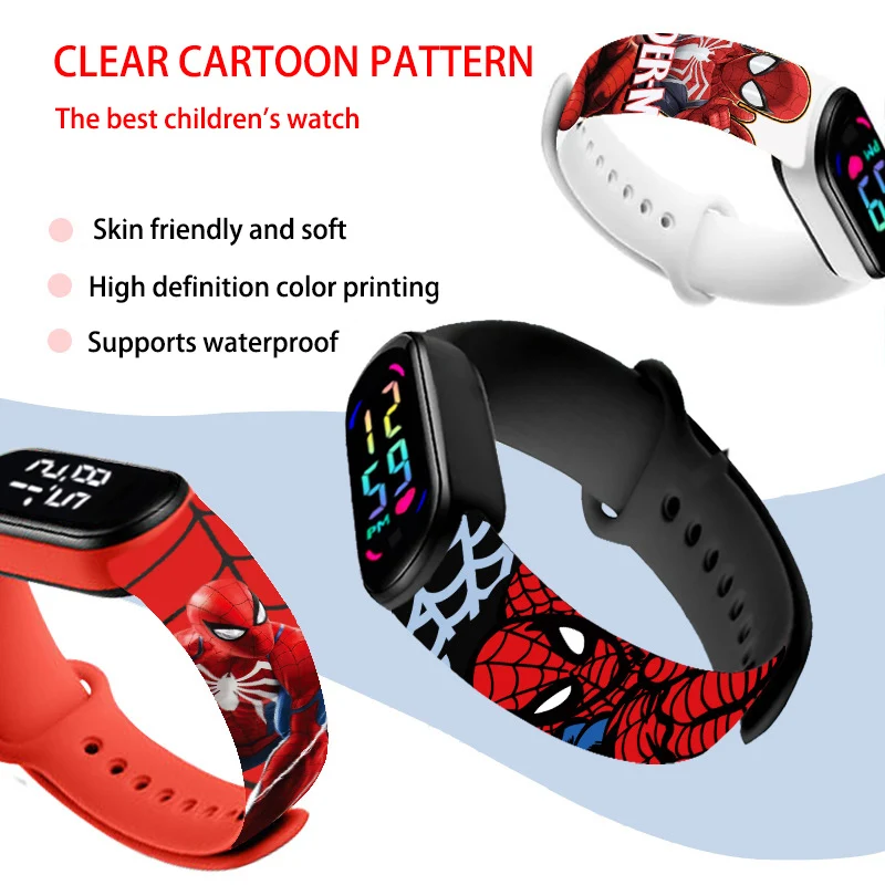 Crianças Coloridas Spiderman Touch Screen Relógios, Relógio esportivo impermeável para crianças, Relógio eletrônico de LED, Pulseira, Presentes