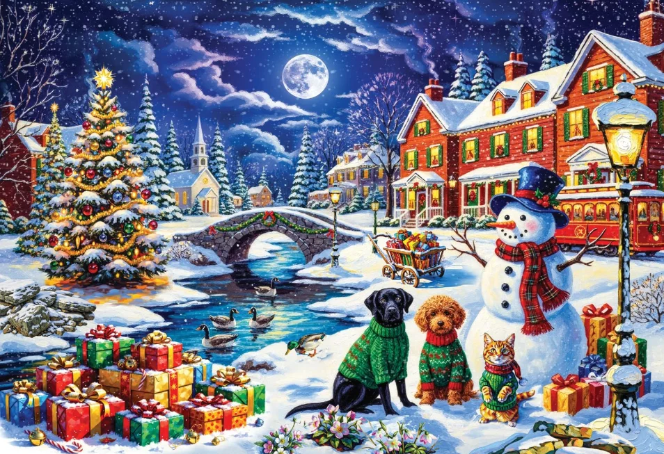 500/1000/1200/2000PCS Jigsaw Puzzle Winter Christmas Town Scene Snowman Dogs Cat Illuminated Houses River Bridge Puzzle Gift