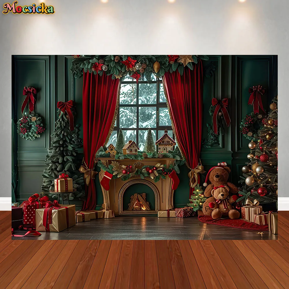 Christmas Room Photography Background Xmas Tree Gifts Windows Holiday Decoration Supplies Kids Portrait Backdrop Studio Props