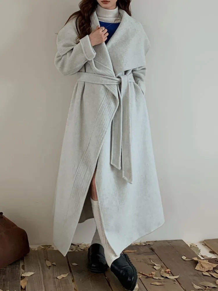 ZMEENNA レディース ロング ウール ブレンド コート 大きなショールカラー付き オープンフロント 暖かい冬用アウター ルーズフィット スタイル エレガント ZM4392