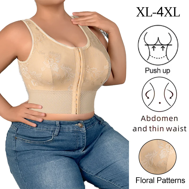 

Бюстгальтер с передней застежкой и эффектом пуш-ап, женское нижнее белье, ультратонкие дышащие чашечки, беспроводной бюстгальтер с цветочным принтом, корректирующий топ для коррекции живота, размеры XL-4XL
