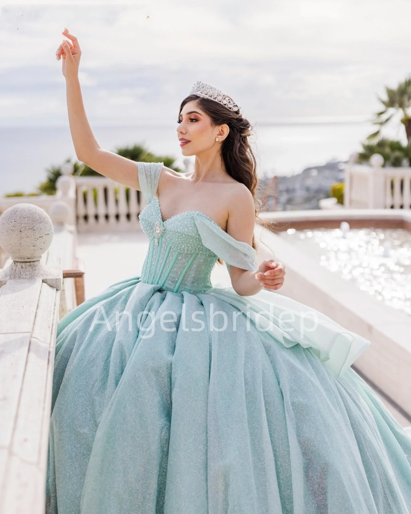 

Angelsbridep Mexico Mint Off Shoulder Tiered Beading Ball Gown Quinceanera Dresses 2025 Evening Party Vestidos De Fiesta